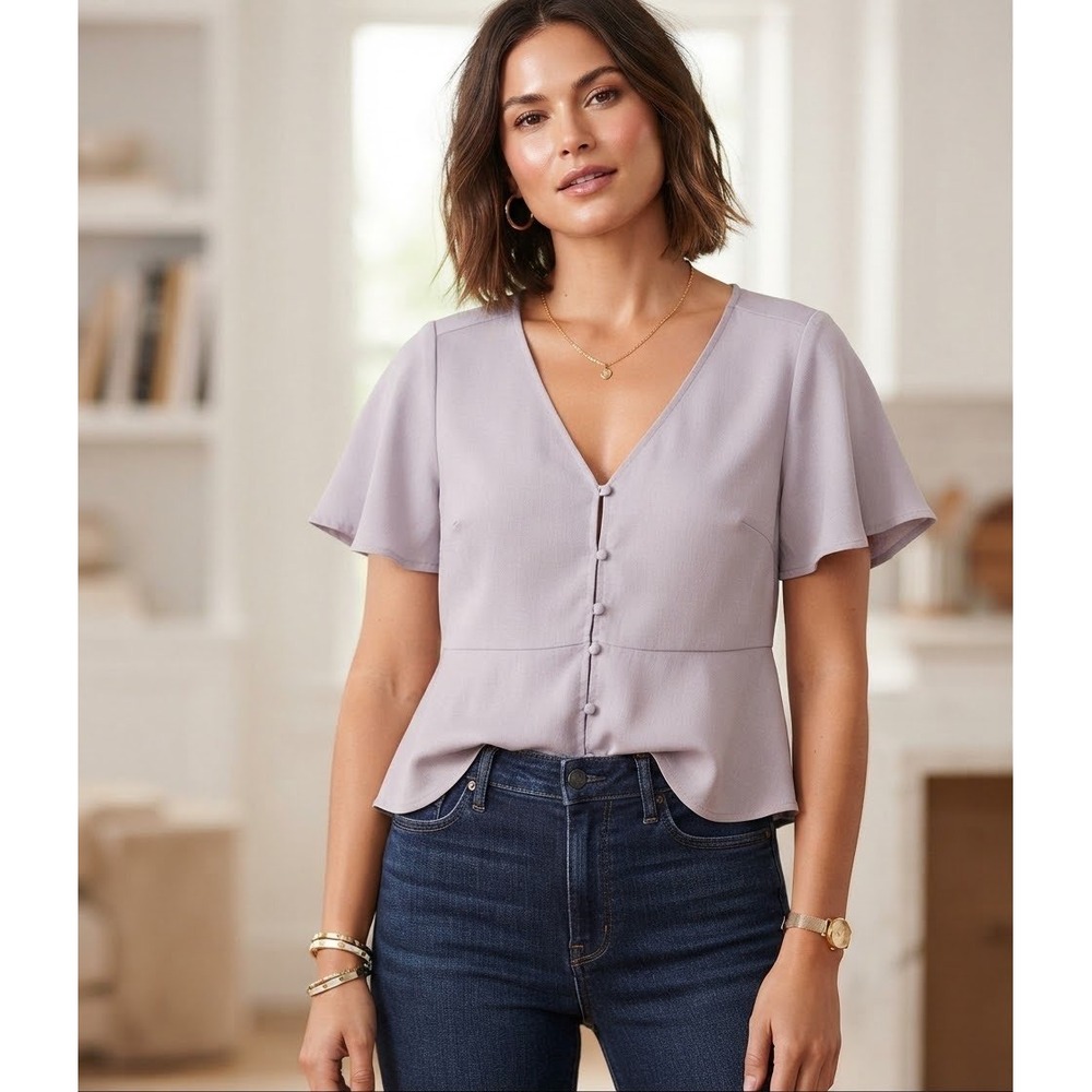 Express Womens V-Neck Peplum Blouse gray Flutter Sleeve Top XS fits like small